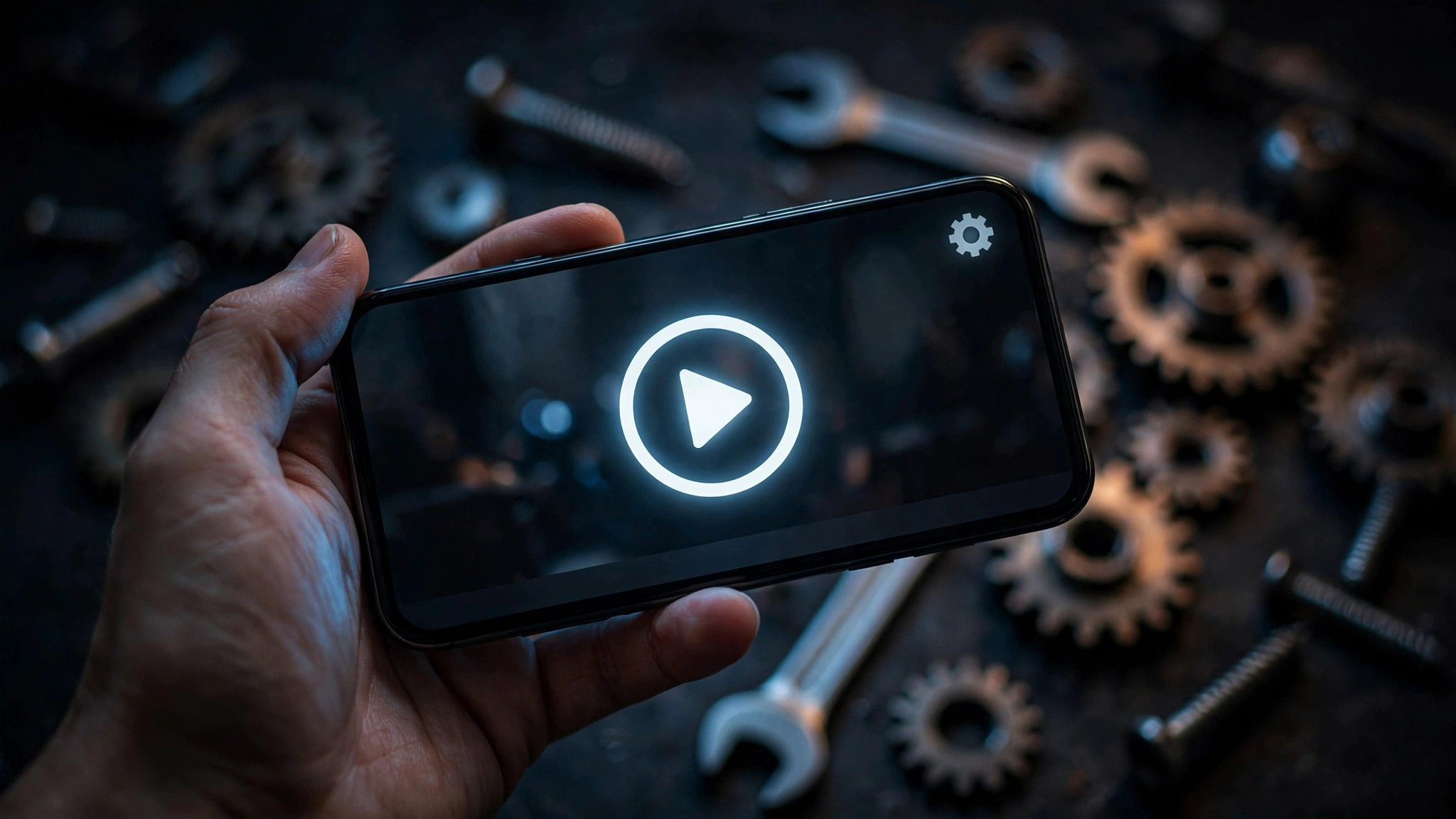 Smartphone showing a video player troubleshooting screen in a dark room