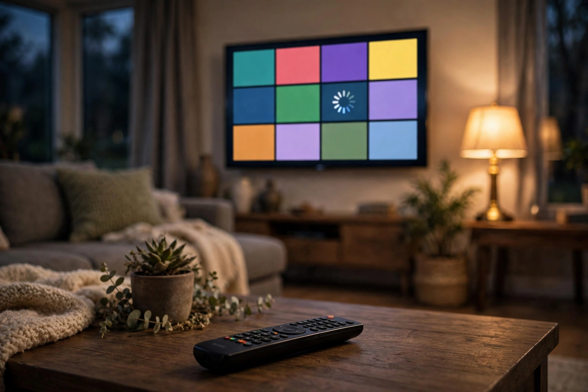 Television screen showing a channel list loading with a spinner icon