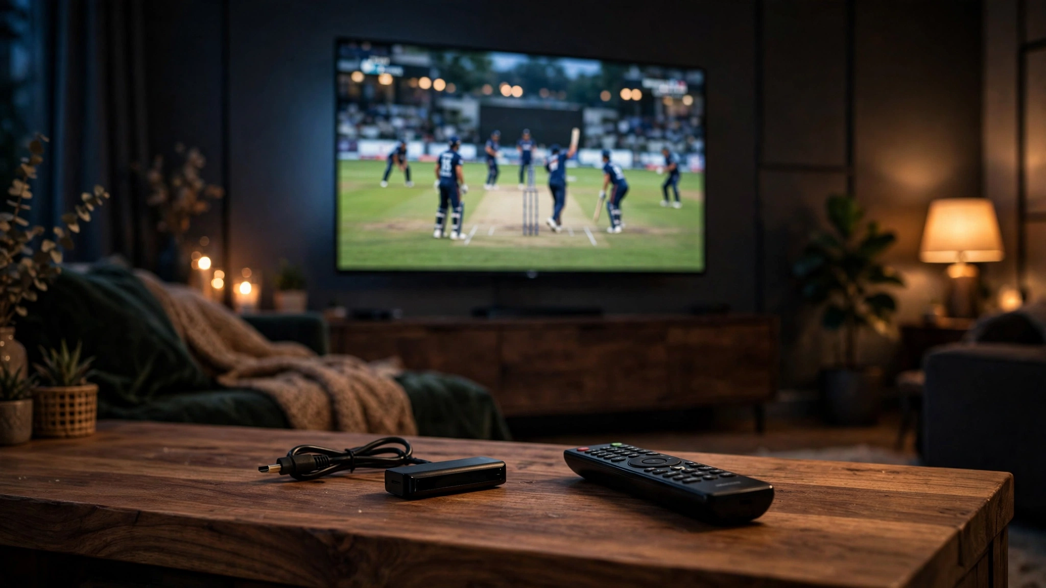 Streaming stick and TV remote next to a smart TV showing live cricket — install Cricfy TV on Firestick
