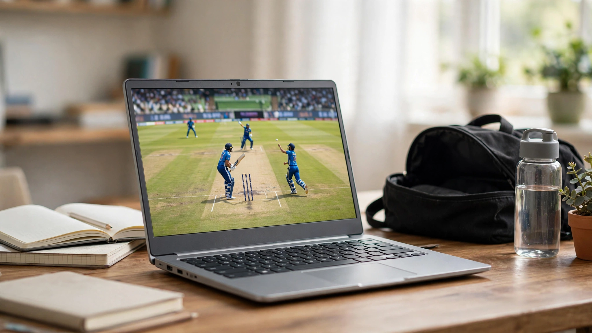 Chromebook laptop on a desk showing a live sports streaming interface