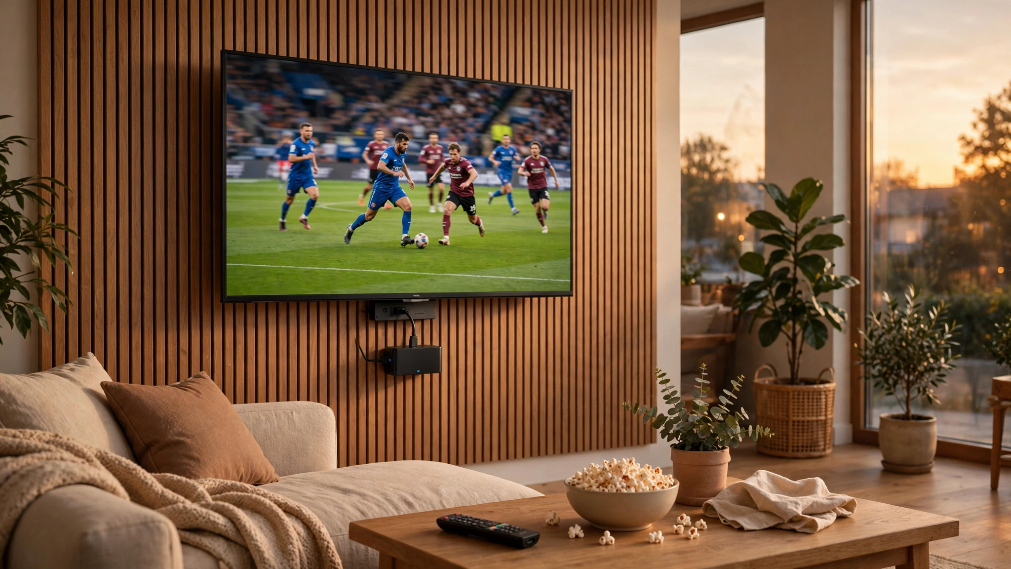 LG smart TV with an external streaming device connected showing a cricket match