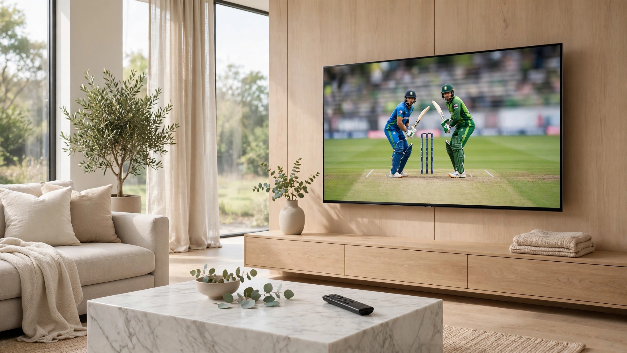 OnePlus TV in a modern living room streaming live sports in HD