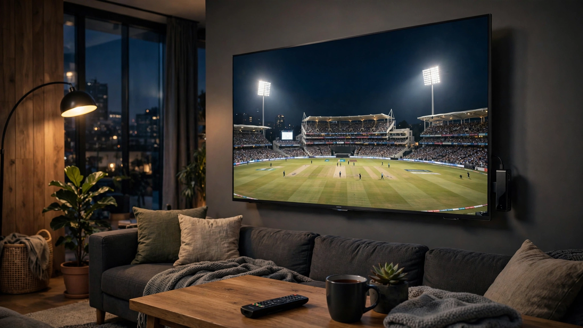 Samsung smart TV in a living room with a streaming stick connected for live sports