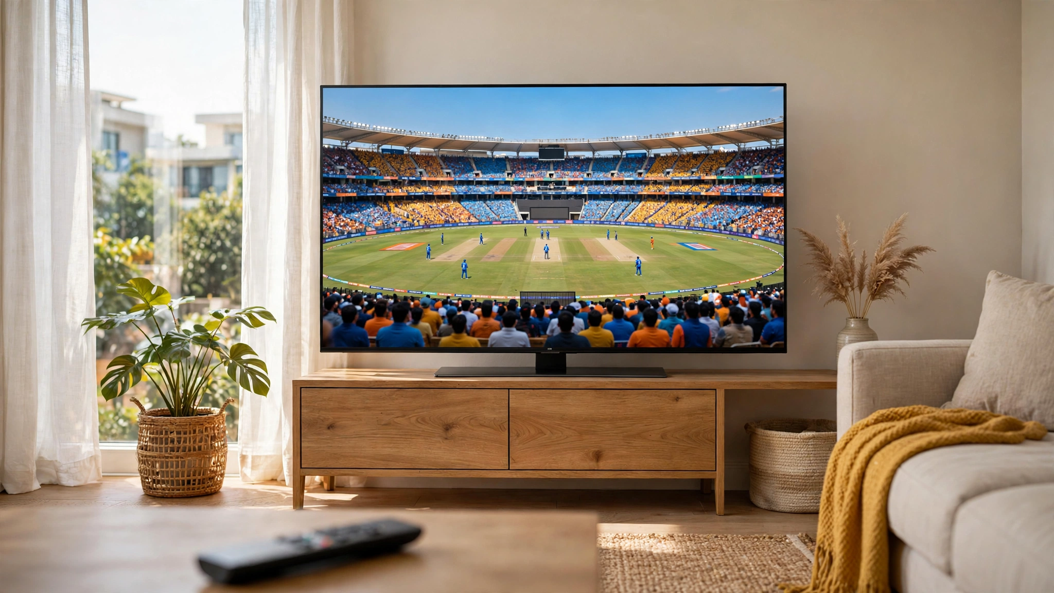 Xiaomi Mi TV displaying a live cricket match with remote control nearby