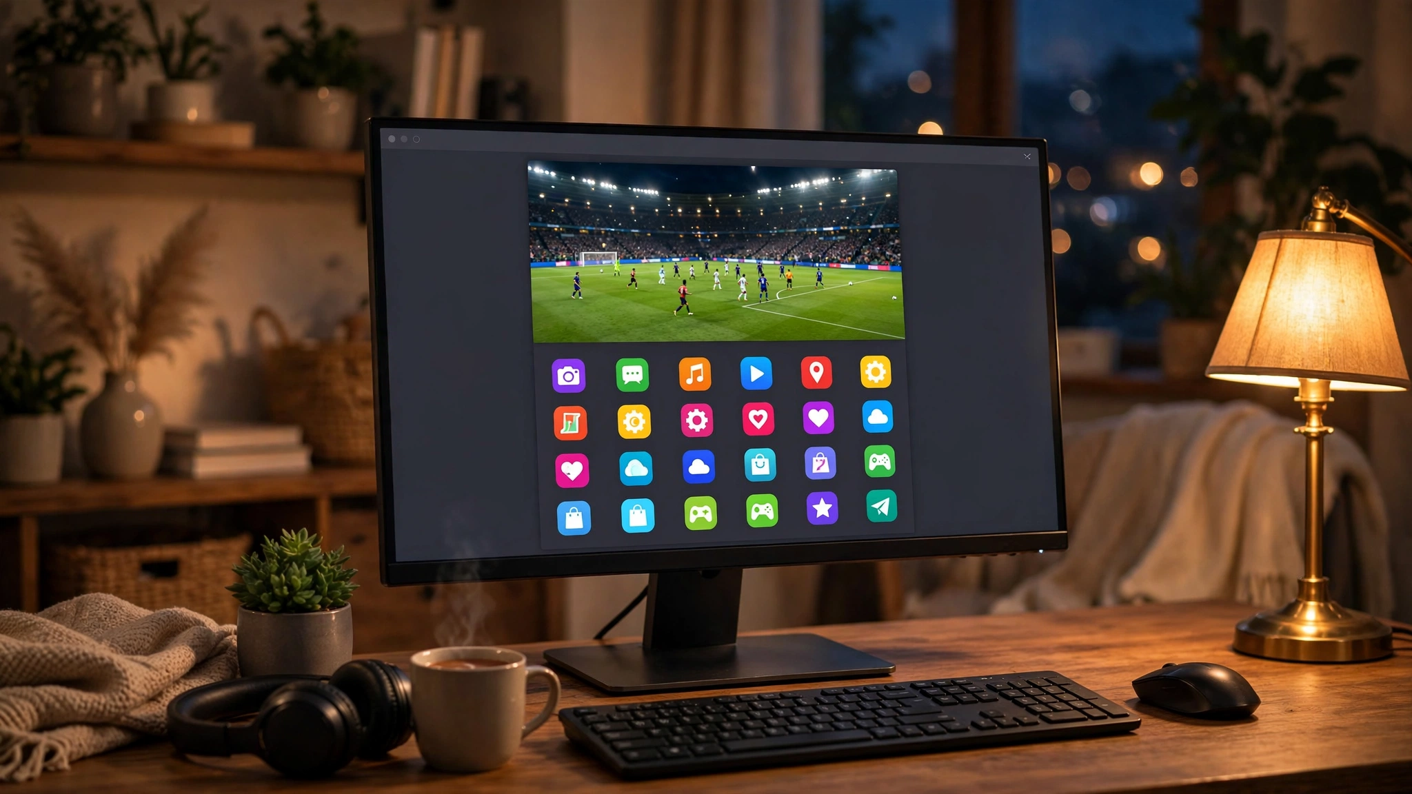 Windows laptop screen showing an Android emulator running a sports streaming app