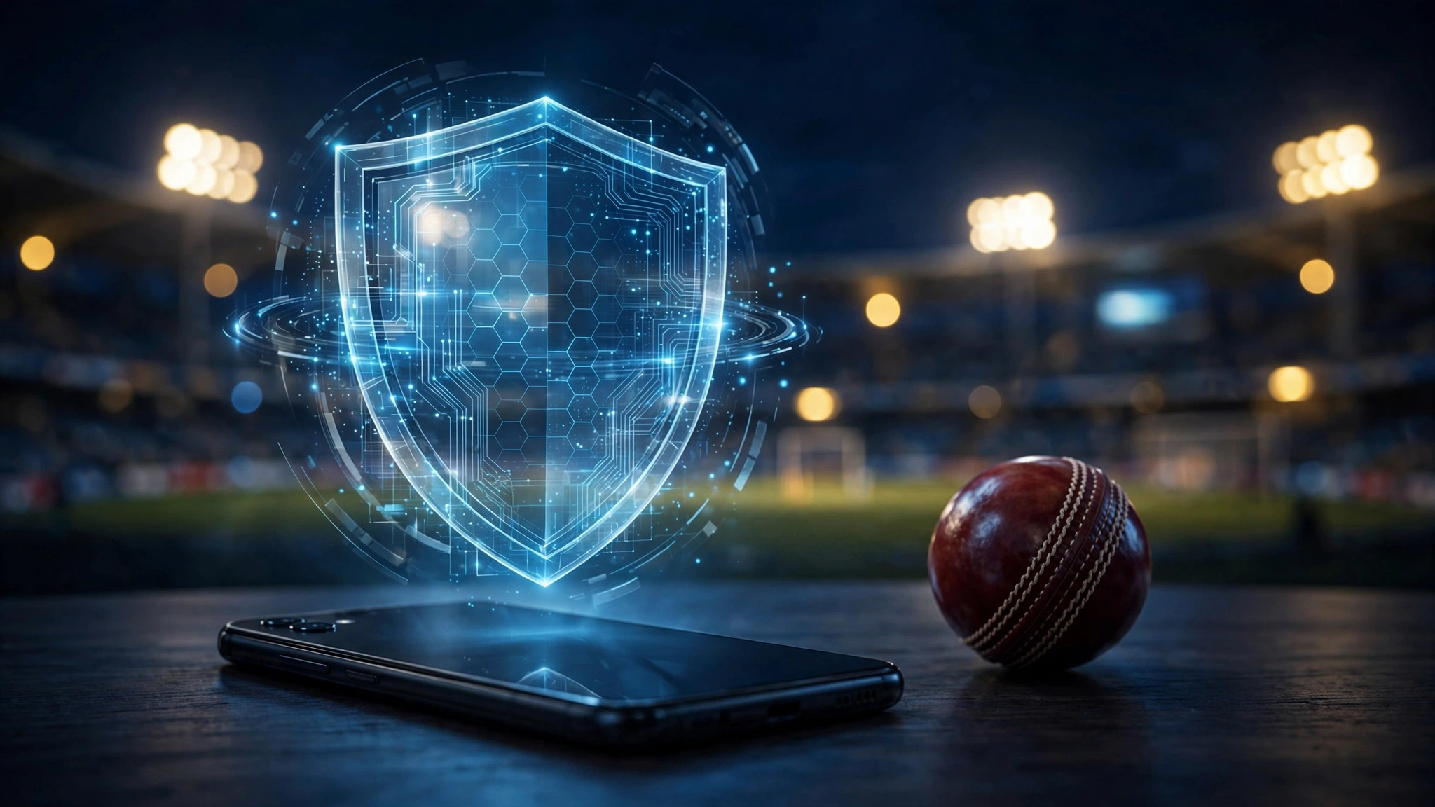 Smartphone protected by a glowing security shield with a cricket theme — is Cricfy TV safe to use